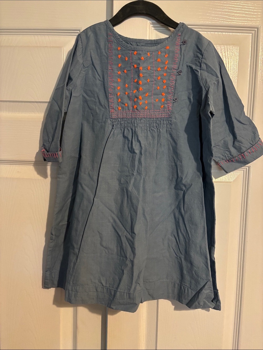 Chambray Tunic Dress with Pink Embroidery and Trim